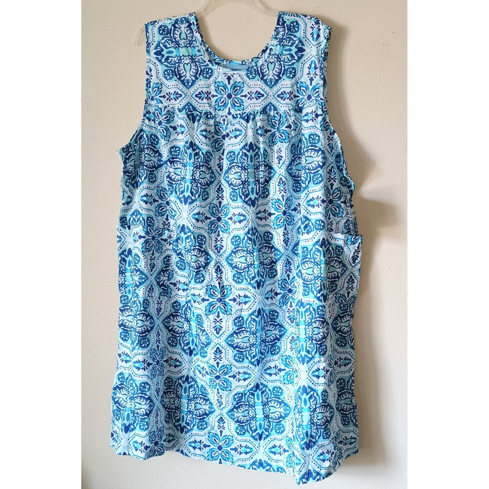 Only Necessities Blue Medallion Sleeveless House Dress Lounger Pockets 3X 30/32